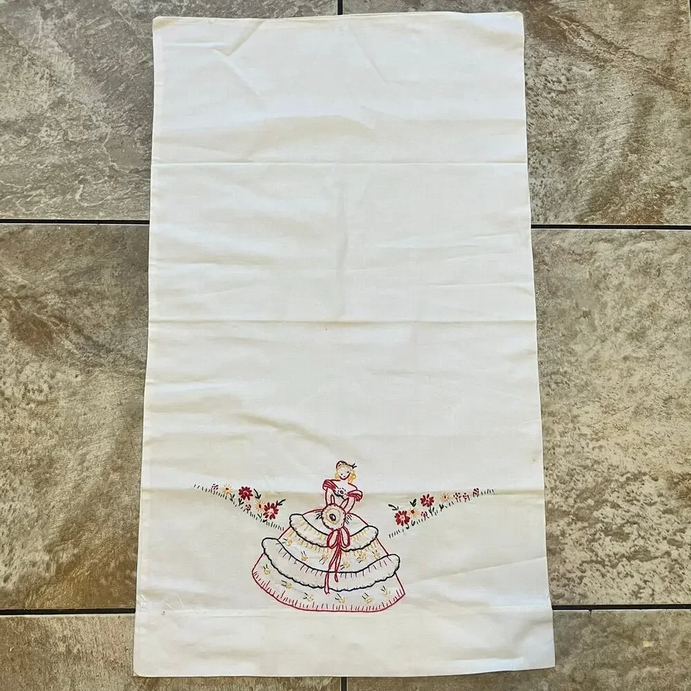 Vintage Embroidered Pillowcase Southern Belle Parasol Floral 1940s Americana